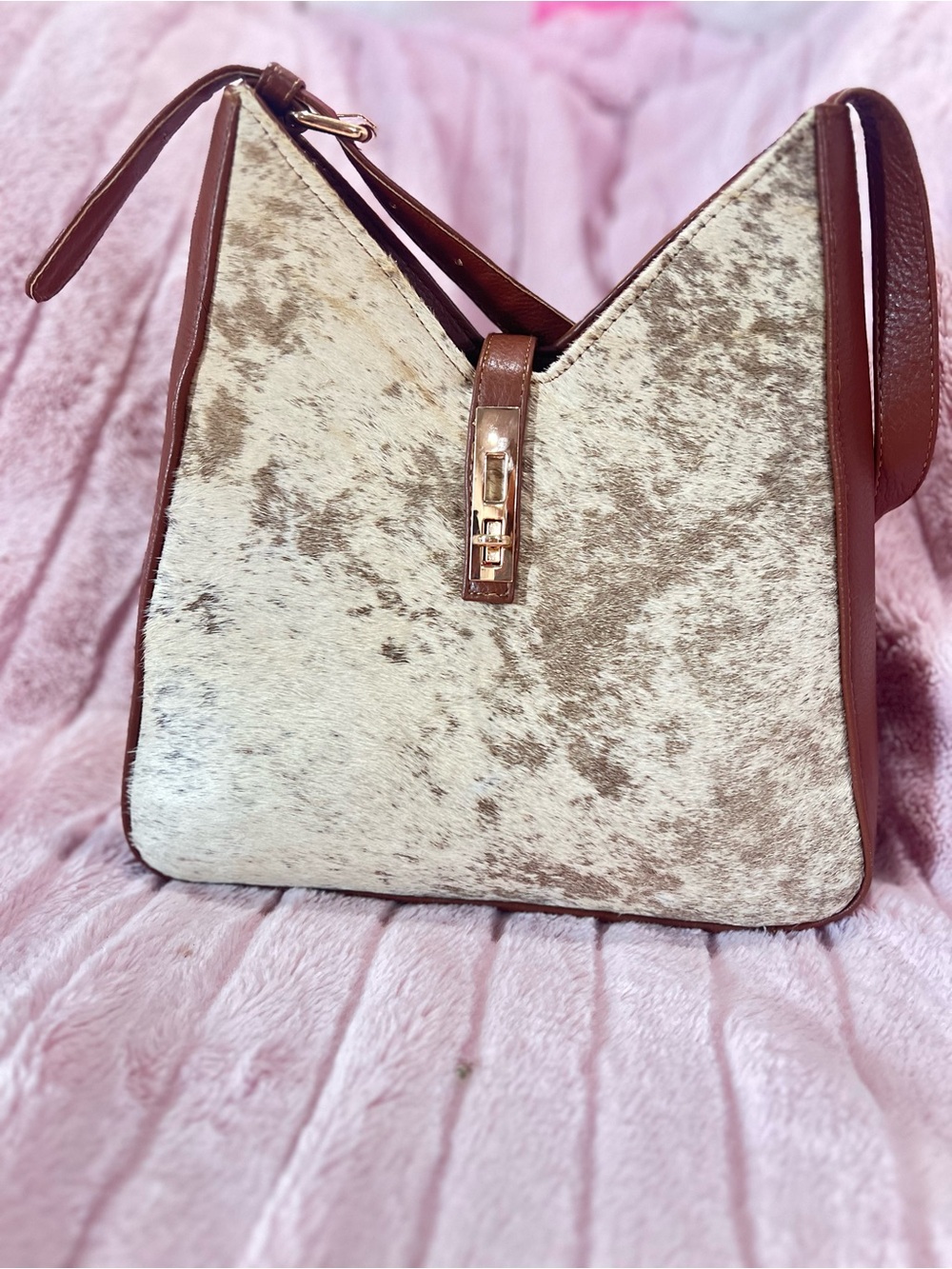 Cream and Brown Cowhide Shoulder Bag with Leather Trim new with out tag